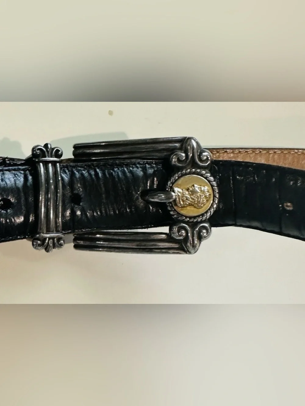 Brighton Museum Collection Belt Black Leather Mixed Metal Cameo L